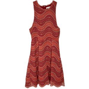 Francesca's Red/Orange Striped Floral Lace Lined Scalloped Hem Dress - L